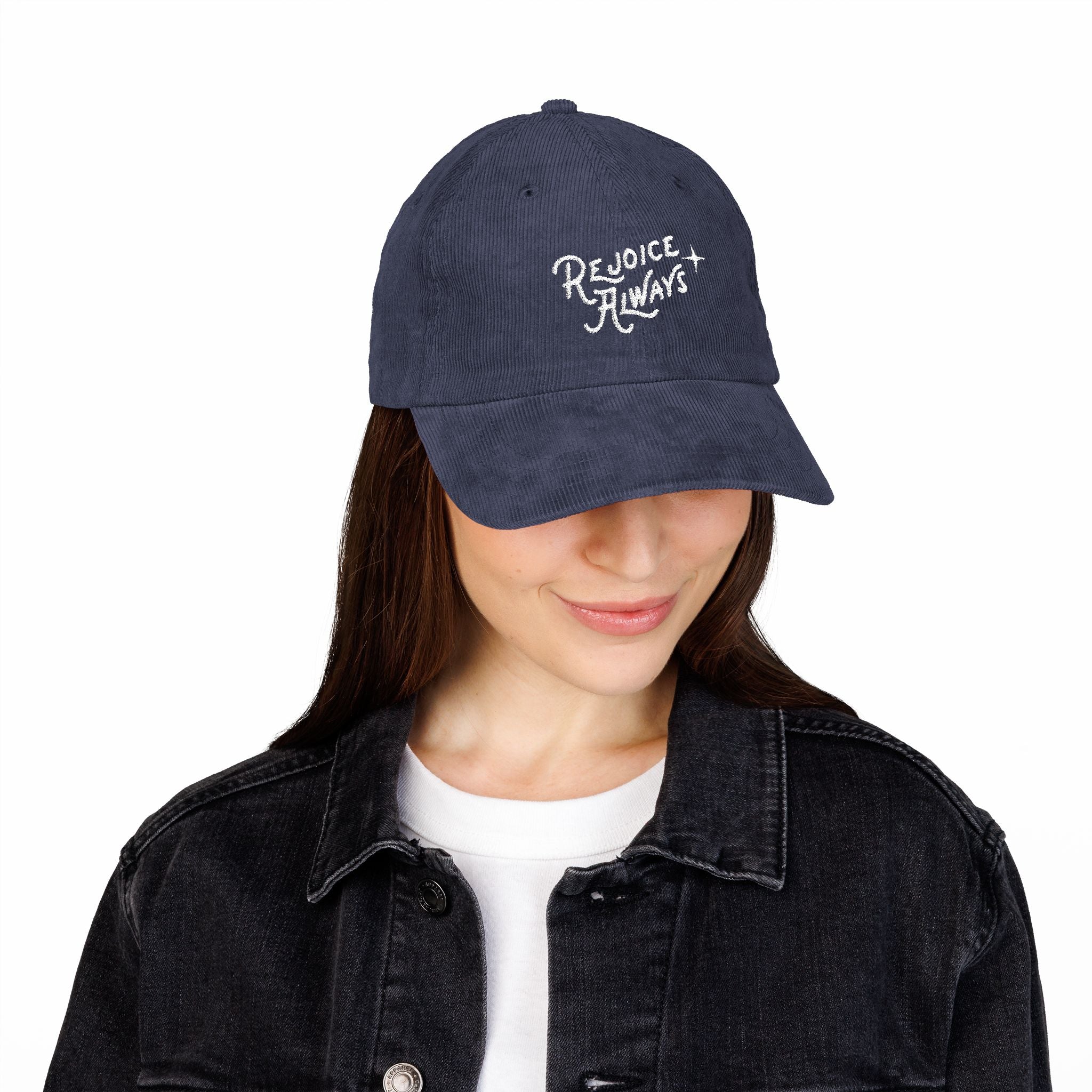 Corduroy Embroidered Cap — "Rejoice Always" Vintage Dad Hat