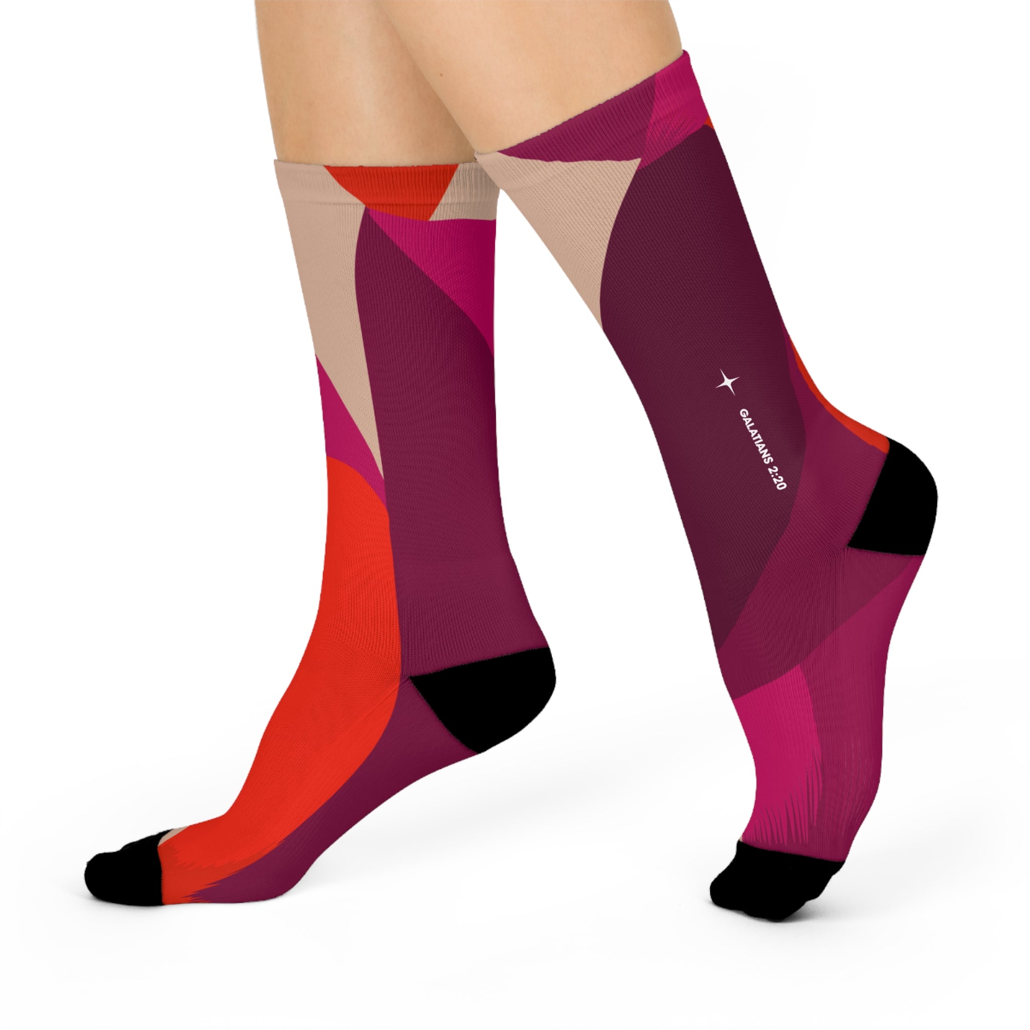 Galatians 2:20 Colorblock Cushioned Crew Socks — Bold Pink & Red Geometric Pattern