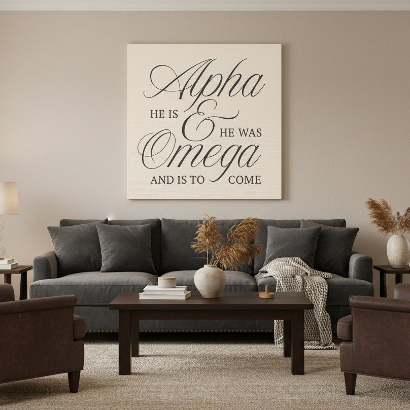 Alpha & Omega Canvas Wall Art — “He Is, He Was, And Is To Come” Stretched Matte Canvas