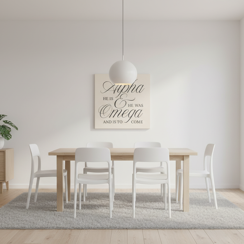Alpha & Omega Canvas Wall Art — “He Is, He Was, And Is To Come” Stretched Matte Canvas