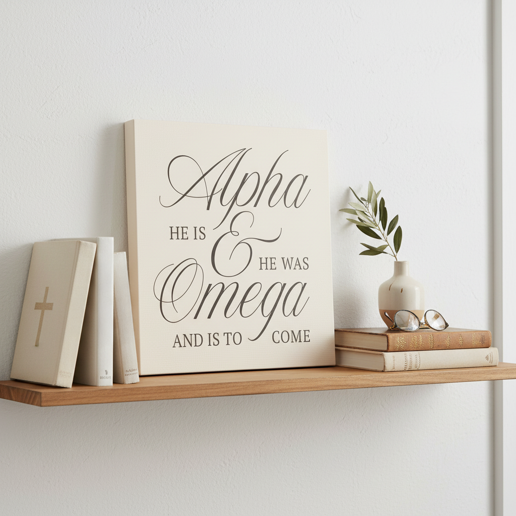 Alpha & Omega Canvas Wall Art — “He Is, He Was, And Is To Come” Stretched Matte Canvas