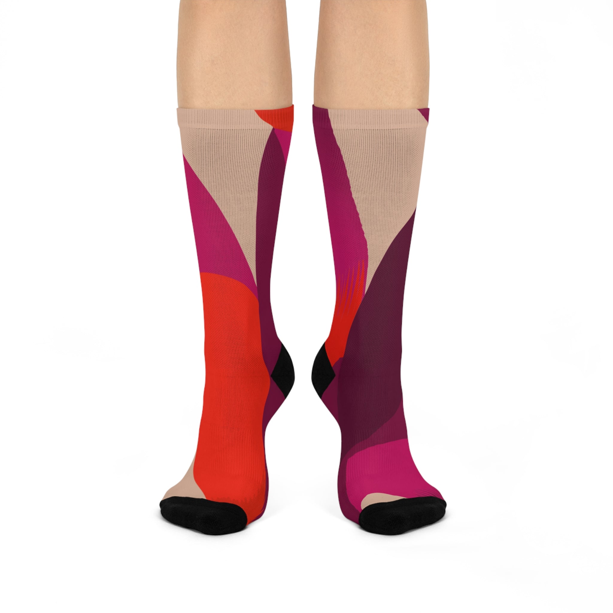 Galatians 2:20 Colorblock Cushioned Crew Socks — Bold Pink & Red Geometric Pattern