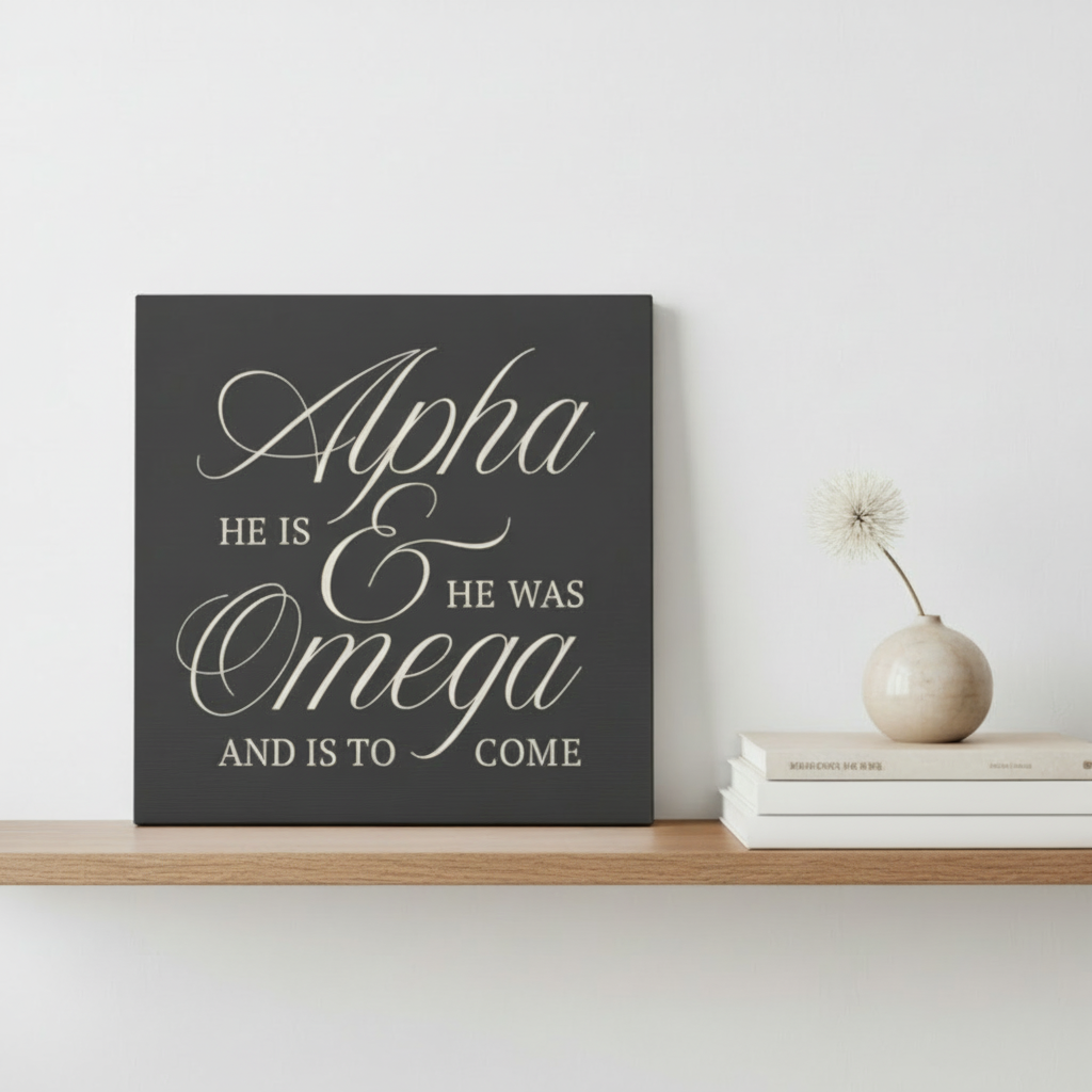 Alpha & Omega Canvas Wall Art — “He Is, He Was, And Is To Come” Stretched Matte Canvas in Gray