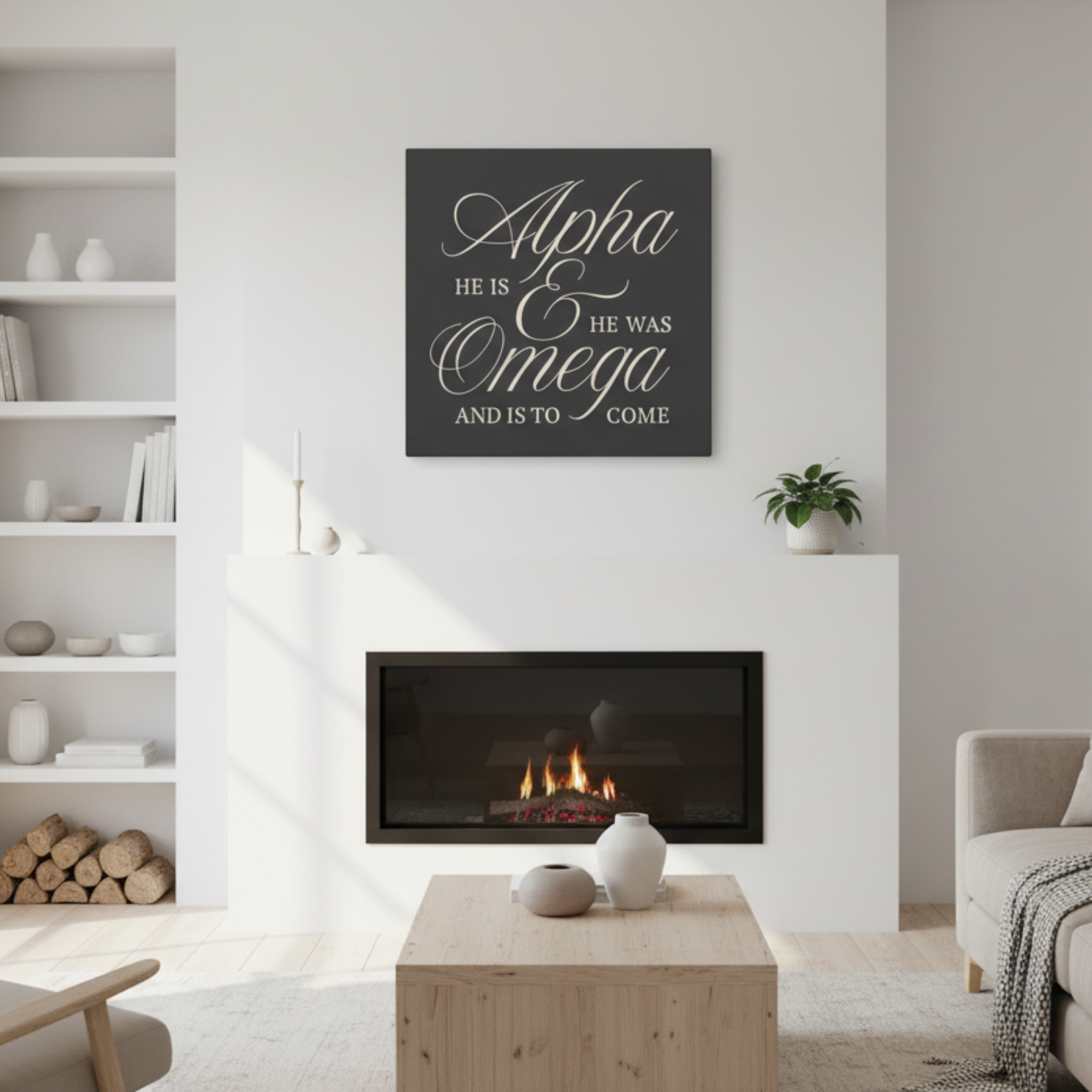 Alpha & Omega Canvas Wall Art — “He Is, He Was, And Is To Come” Stretched Matte Canvas in Gray