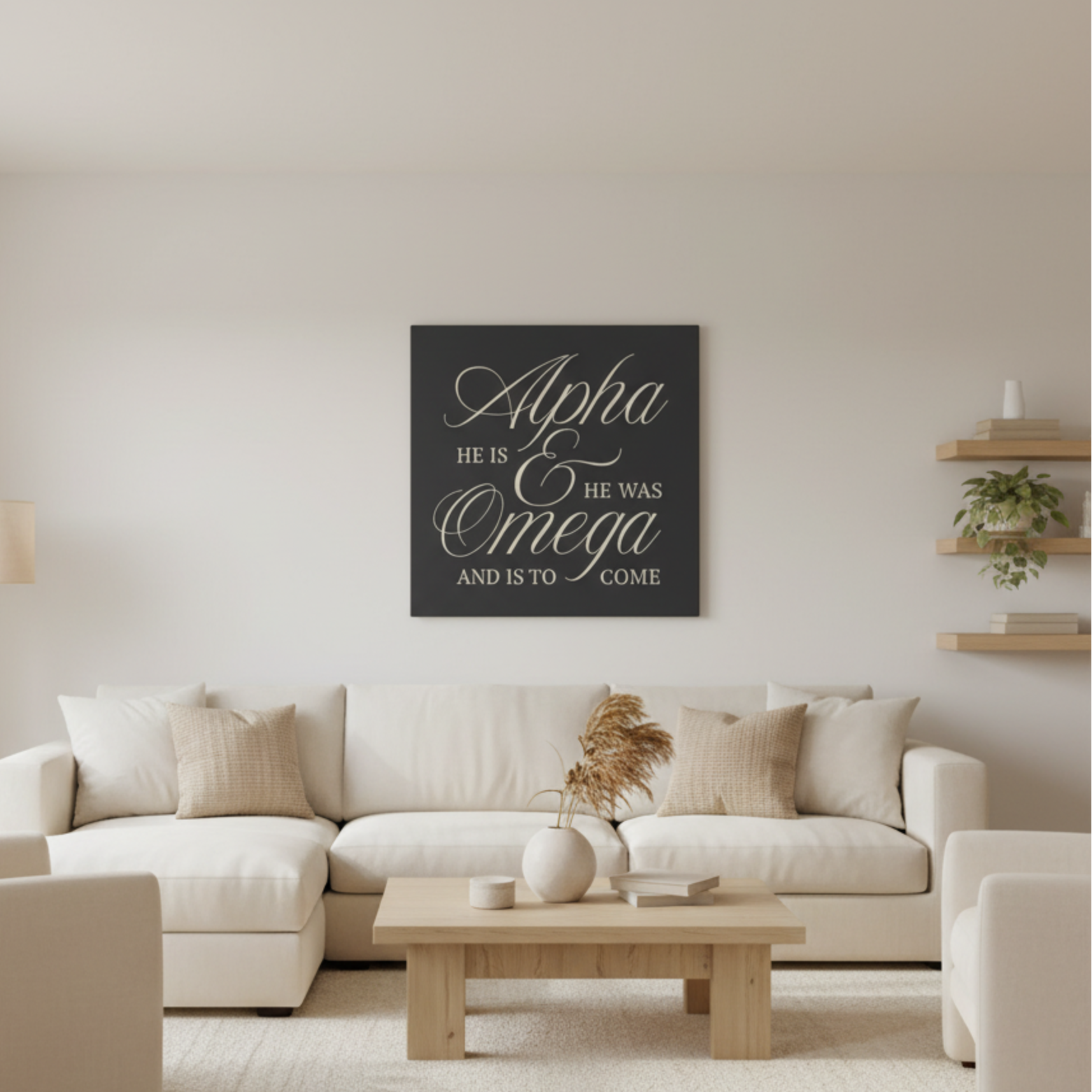 Alpha & Omega Canvas Wall Art — “He Is, He Was, And Is To Come” Stretched Matte Canvas in Gray