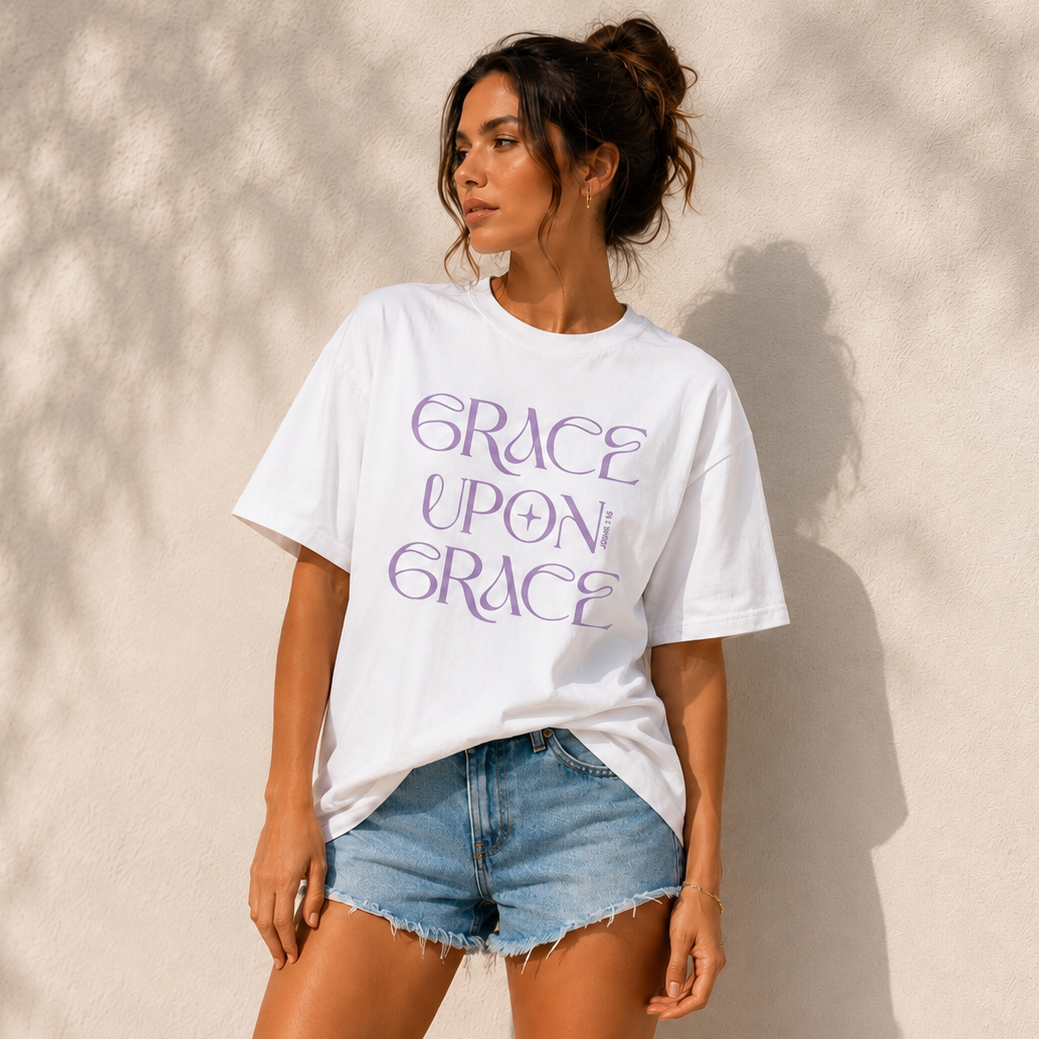 John 1:16 “Grace Upon Grace” Oversized Cotton T-Shirt -  Soft Lilac