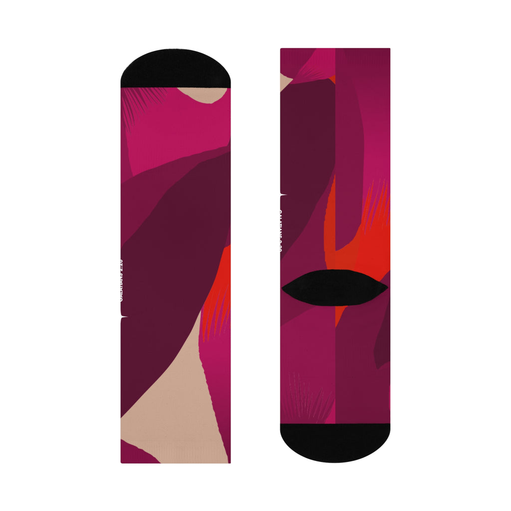 Galatians 2:20 Colorblock Cushioned Crew Socks — Bold Pink & Red Geometric Pattern
