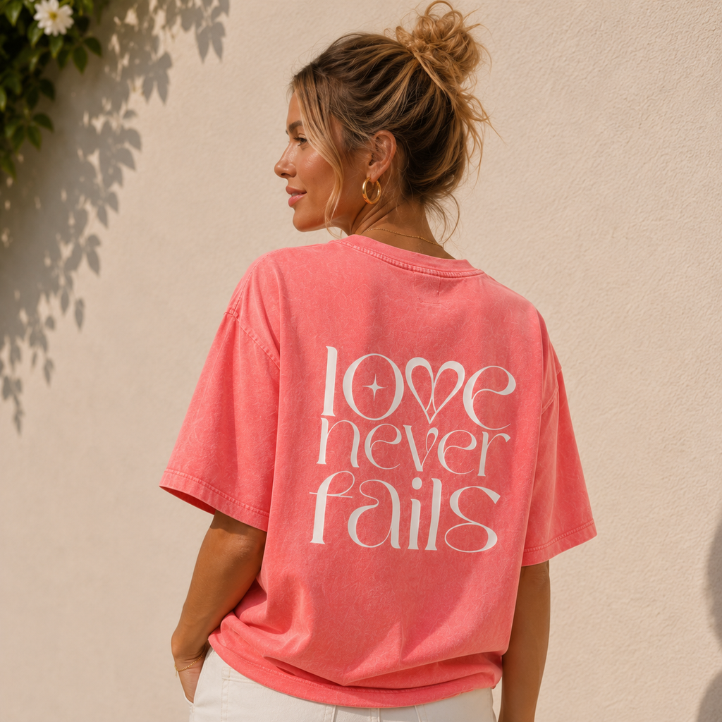 1 Corinthians 13:8 “Love Never Fails” Mineral-Wash Boxy Cotton T-Shirt