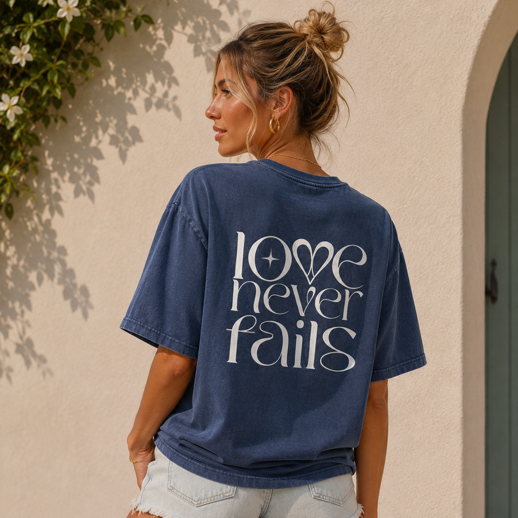 1 Corinthians 13:8 “Love Never Fails” Mineral-Wash Boxy Cotton T-Shirt