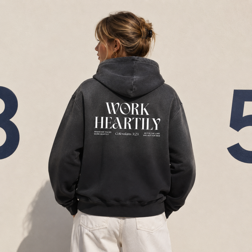 Colossians 3:23 “Work Heartily” Sun-fade Oversized Cotton Hoodie