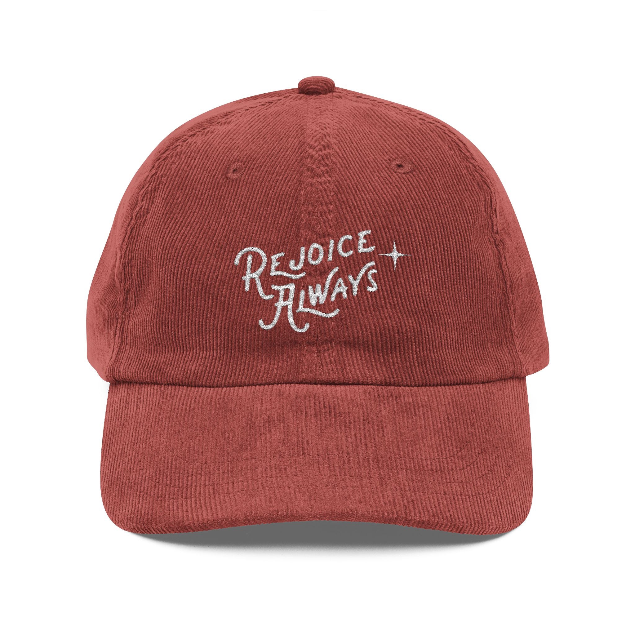 Corduroy Embroidered Cap — "Rejoice Always" Vintage Dad Hat
