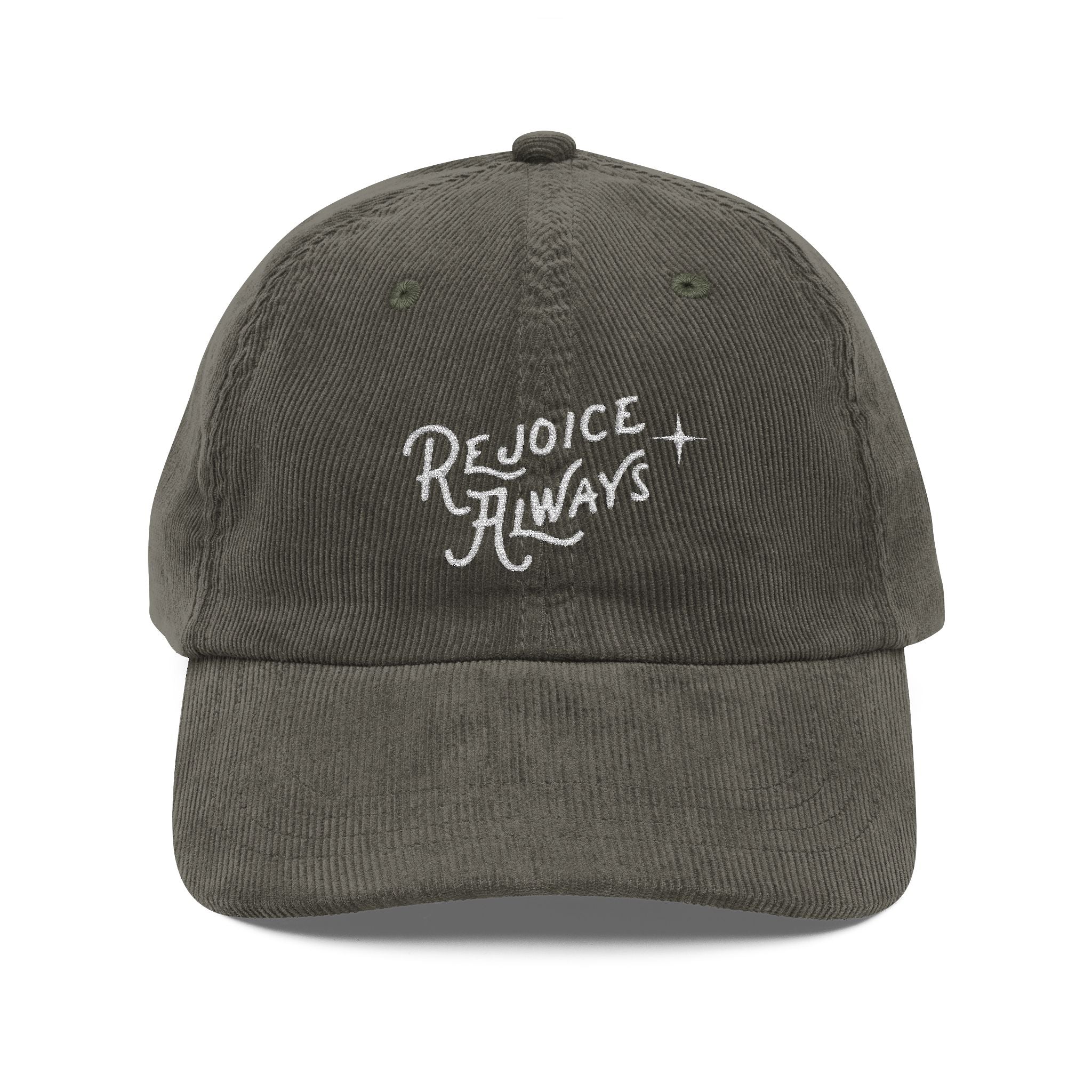 Corduroy Embroidered Cap — "Rejoice Always" Vintage Dad Hat
