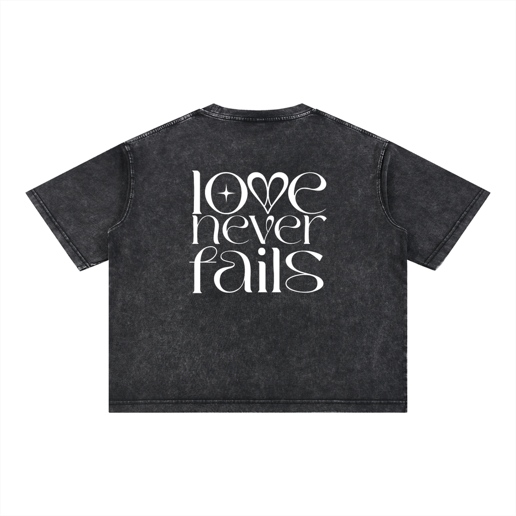 1 Corinthians 13:8 “Love Never Fails” Mineral-Wash Boxy Cotton T-Shirt