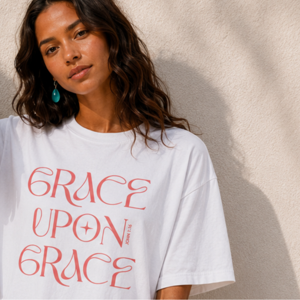 John 1:16 “Grace Upon Grace” Oversized Cotton T-Shirt - Sorbet Coral