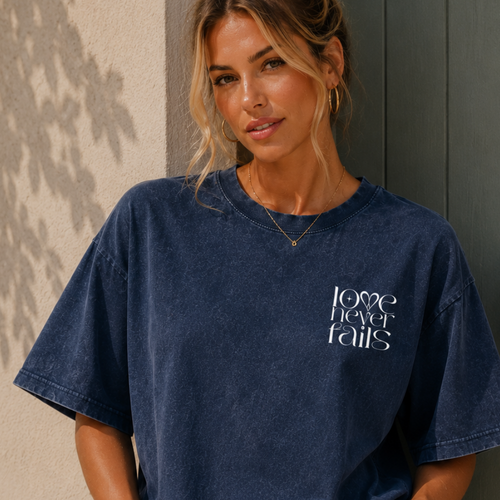 1 Corinthians 13:8 “Love Never Fails” Mineral-Wash Boxy Cotton T-Shirt