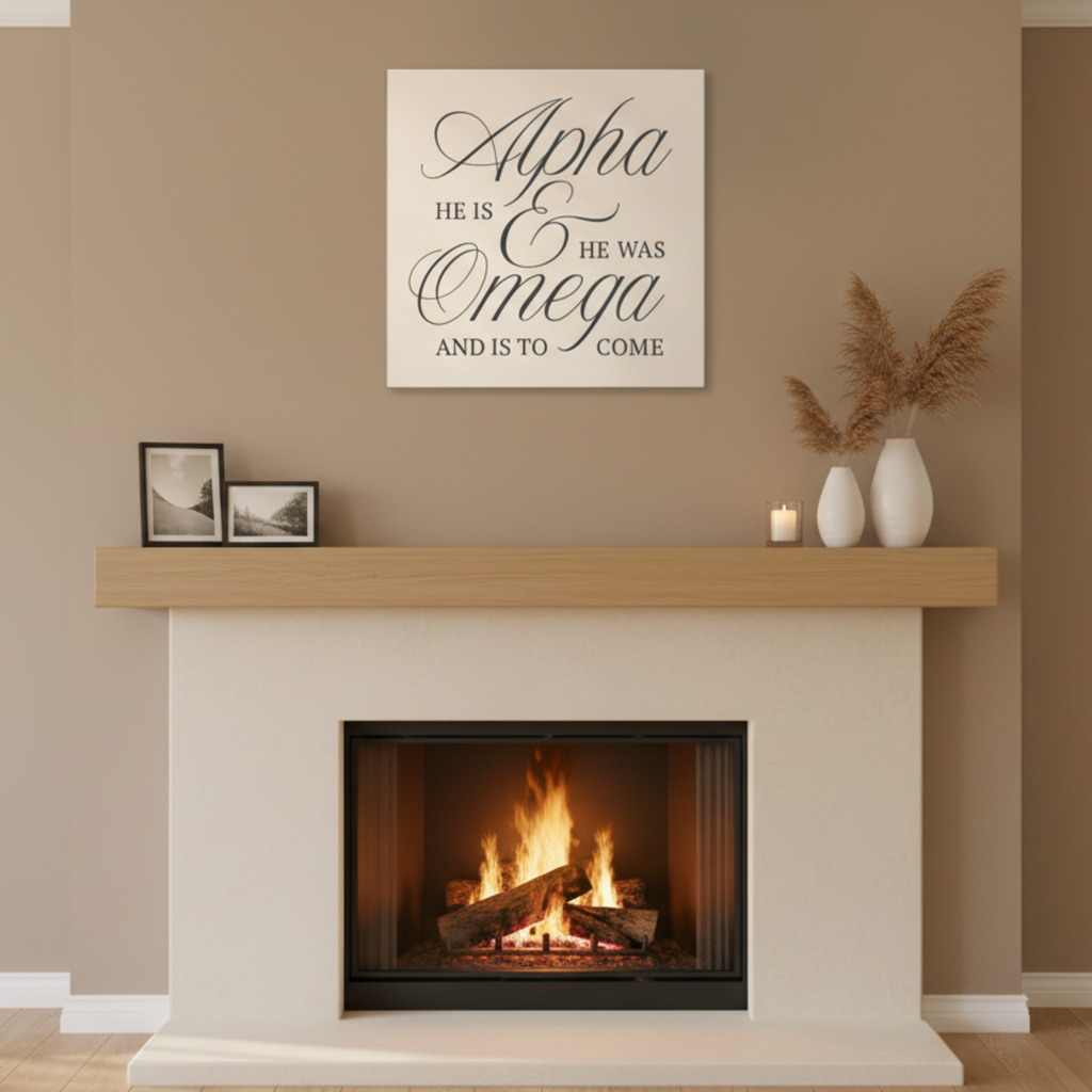 Alpha & Omega Canvas Wall Art — “He Is, He Was, And Is To Come” Stretched Matte Canvas