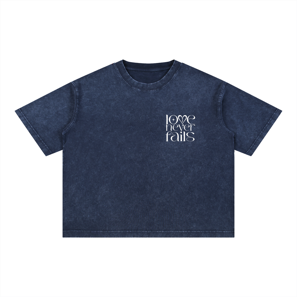 1 Corinthians 13:8 “Love Never Fails” Mineral-Wash Boxy Cotton T-Shirt